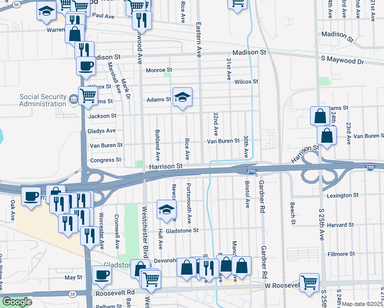 map of restaurants, bars, coffee shops, grocery stores, and more near 1100 Rice Avenue in Bellwood