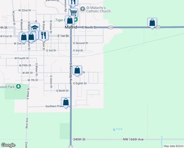 map of restaurants, bars, coffee shops, grocery stores, and more near 717 East 6th Street in Madrid