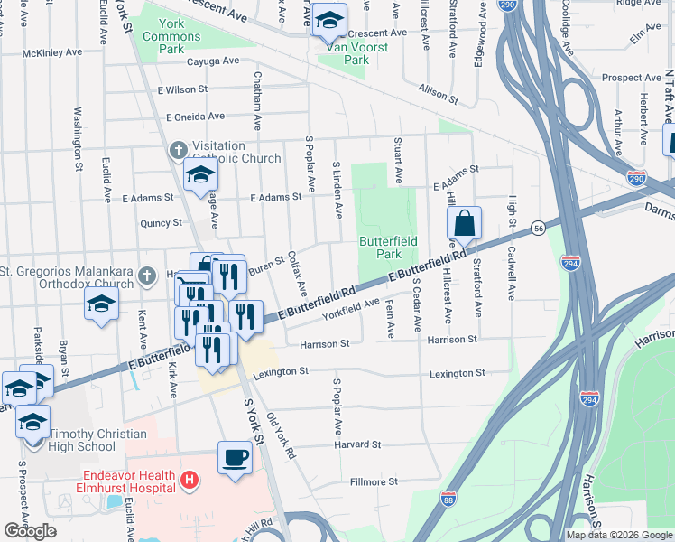 map of restaurants, bars, coffee shops, grocery stores, and more near 344 East Van Buren Street in Elmhurst