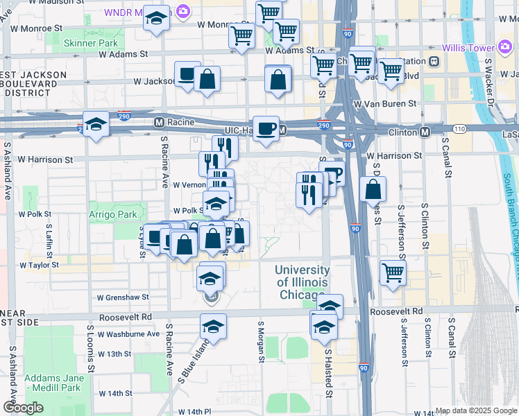 map of restaurants, bars, coffee shops, grocery stores, and more near 703 South Morgan Street in Chicago