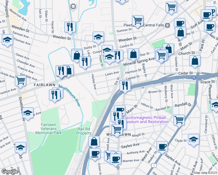 map of restaurants, bars, coffee shops, grocery stores, and more near 22 Forest Avenue in Pawtucket