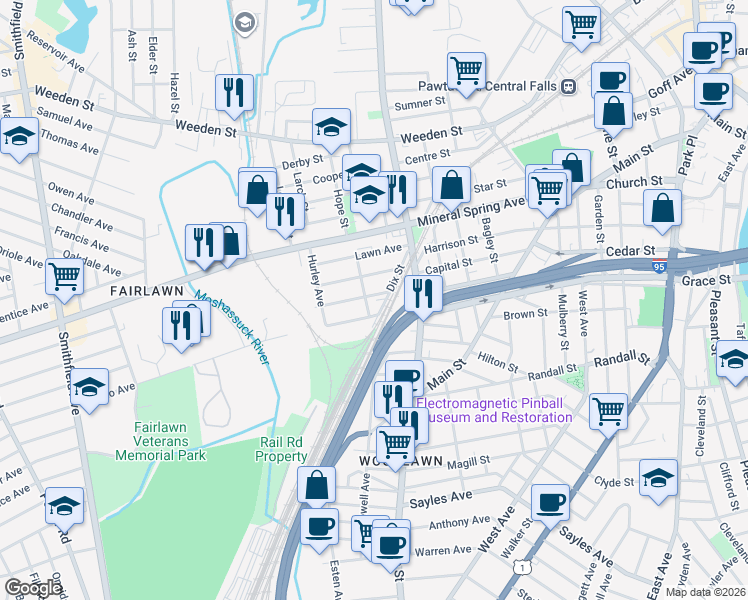 map of restaurants, bars, coffee shops, grocery stores, and more near 20 Bloomingdale Avenue in Pawtucket