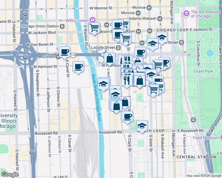map of restaurants, bars, coffee shops, grocery stores, and more near 801 South Wells Street in Chicago