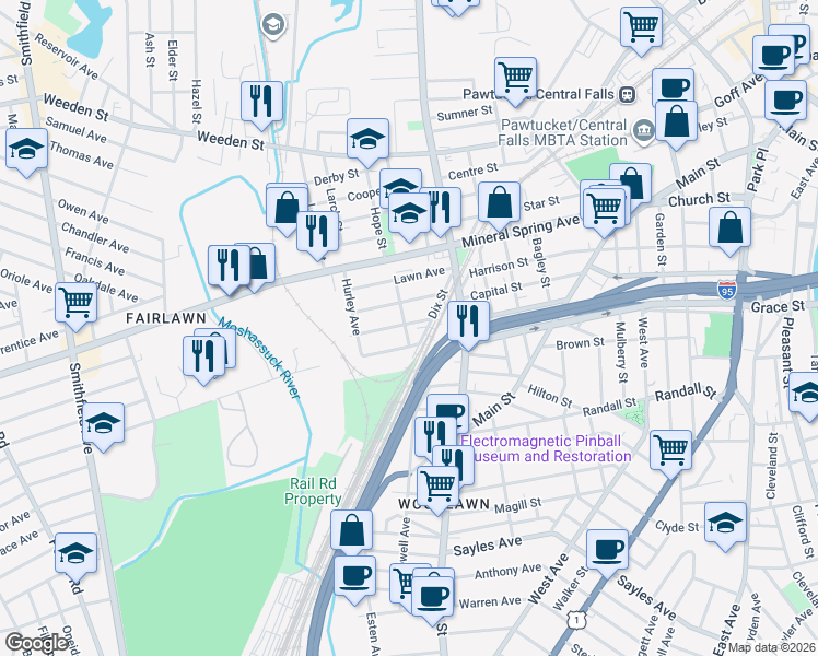 map of restaurants, bars, coffee shops, grocery stores, and more near 22 Bloomingdale Avenue in Pawtucket