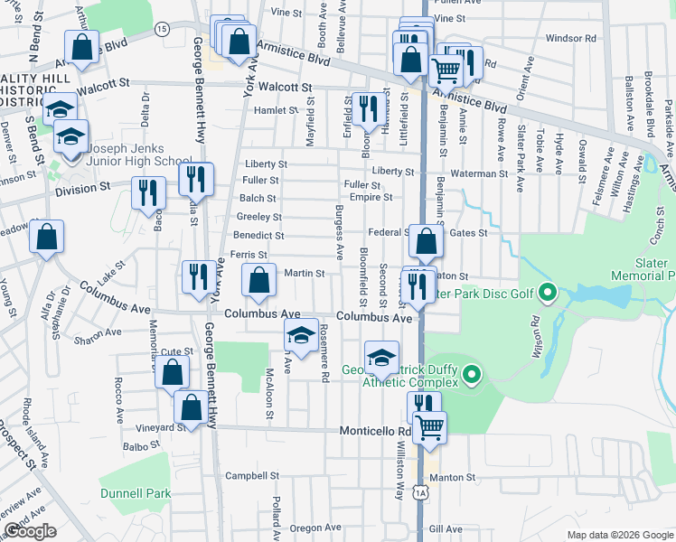 map of restaurants, bars, coffee shops, grocery stores, and more near 144 Burgess Avenue in Pawtucket