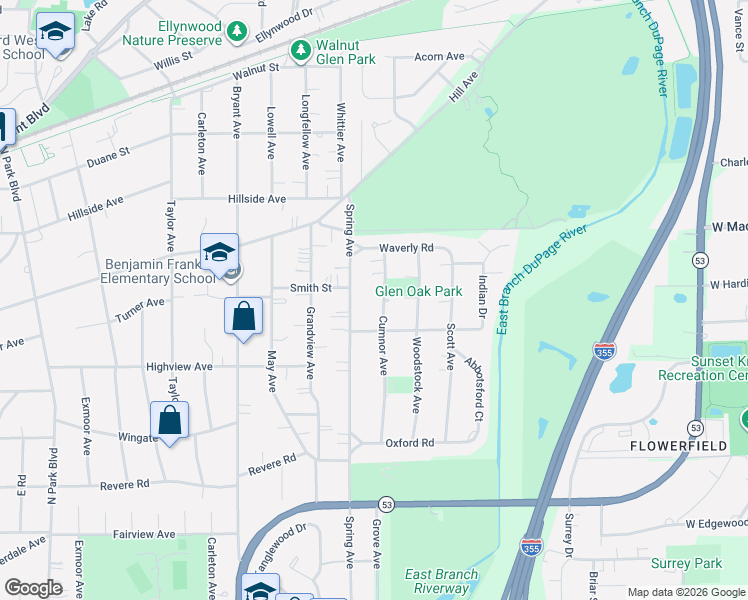 map of restaurants, bars, coffee shops, grocery stores, and more near 354 Cumnor Avenue in Glen Ellyn