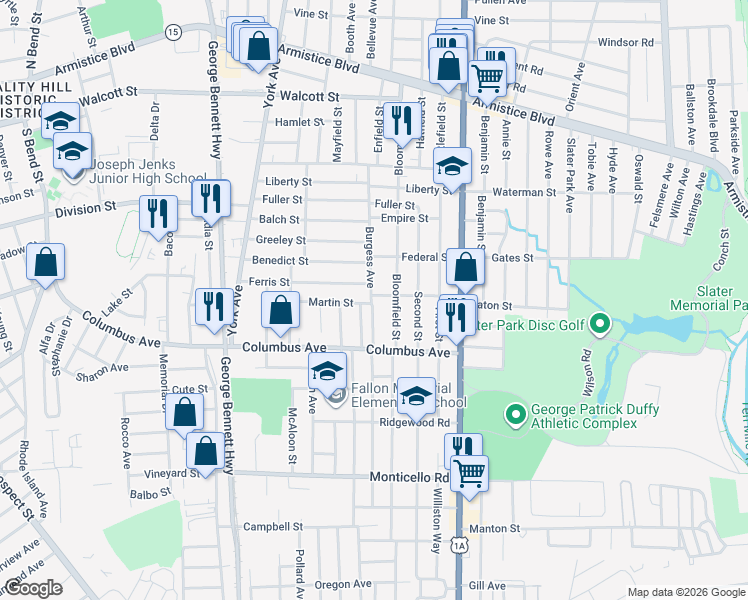 map of restaurants, bars, coffee shops, grocery stores, and more near 144 Burgess Avenue in Pawtucket