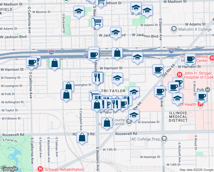 map of restaurants, bars, coffee shops, grocery stores, and more near 741 South Claremont Avenue in Chicago