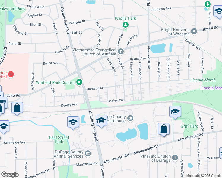 map of restaurants, bars, coffee shops, grocery stores, and more near 26W421 Harrison Street in Winfield