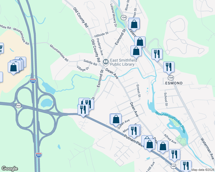 map of restaurants, bars, coffee shops, grocery stores, and more near 2 Fatima Drive in Smithfield