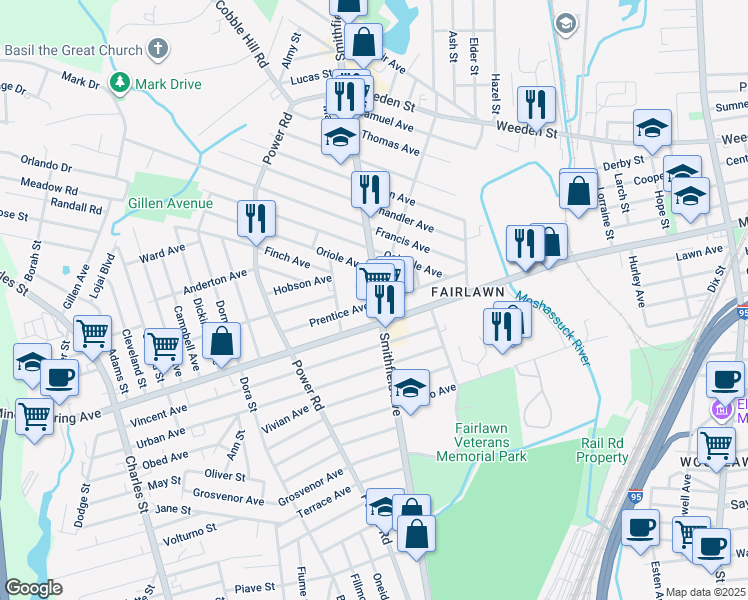 map of restaurants, bars, coffee shops, grocery stores, and more near 30 Columbia Avenue in Pawtucket