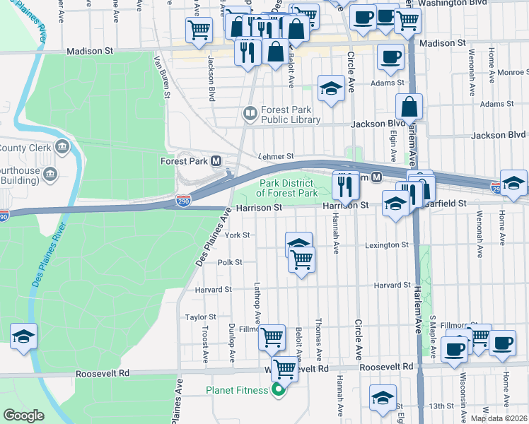 map of restaurants, bars, coffee shops, grocery stores, and more near 7538 Harrison Street in Forest Park