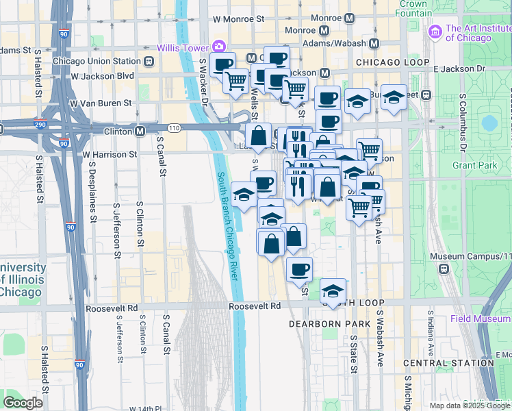 map of restaurants, bars, coffee shops, grocery stores, and more near 732 South Financial Place in Chicago