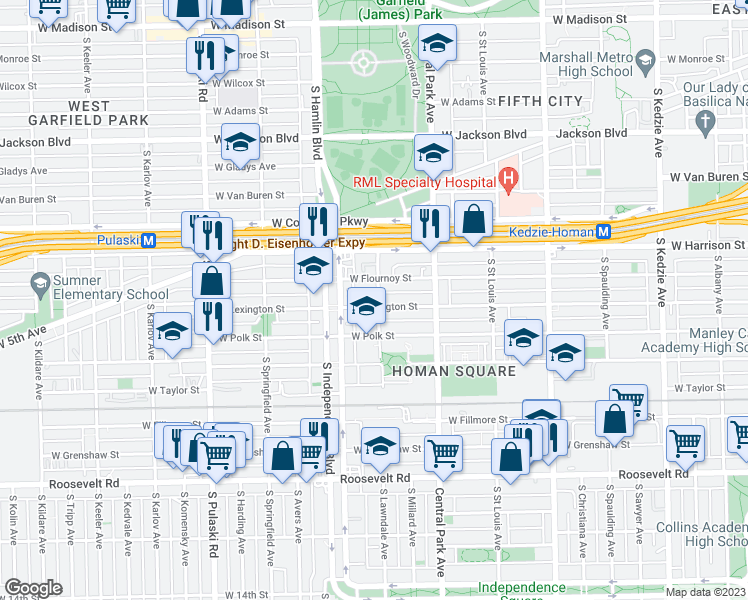 map of restaurants, bars, coffee shops, grocery stores, and more near 3702 West Lexington Street in Chicago