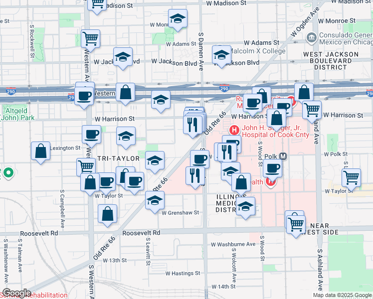 map of restaurants, bars, coffee shops, grocery stores, and more near 2200 West Polk Street in Chicago