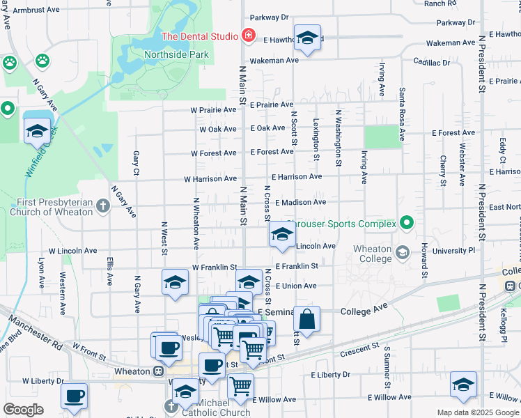 map of restaurants, bars, coffee shops, grocery stores, and more near 808 North Cross Street in Wheaton