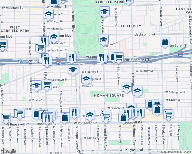 map of restaurants, bars, coffee shops, grocery stores, and more near 3639 West Flournoy Street in Chicago