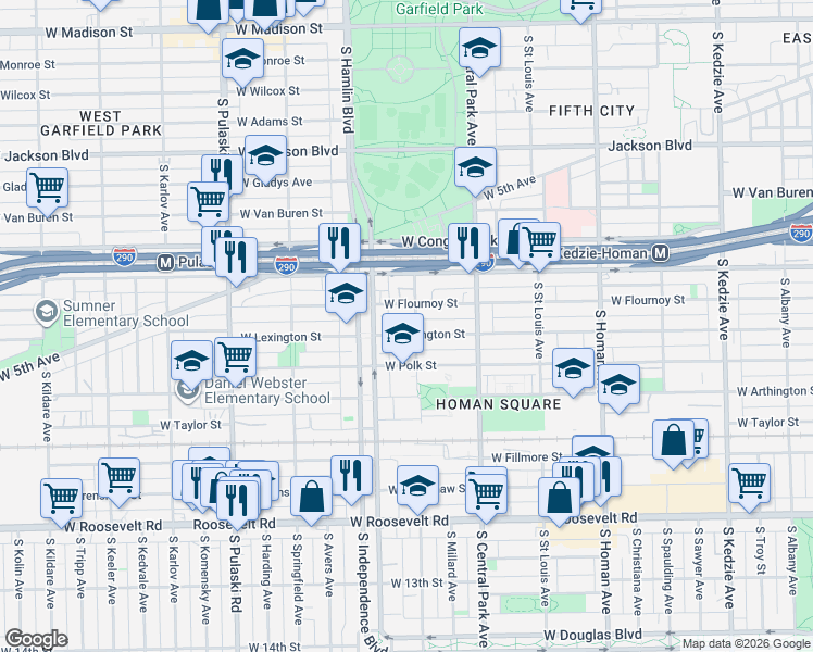 map of restaurants, bars, coffee shops, grocery stores, and more near 3711 West Flournoy Street in Chicago