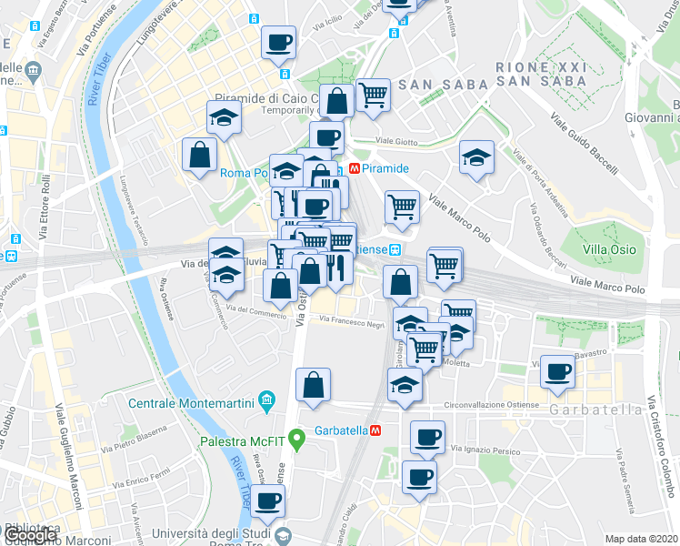 map of restaurants, bars, coffee shops, grocery stores, and more near 39 Via Pellegrino Matteucci in Roma