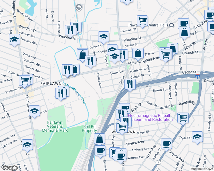 map of restaurants, bars, coffee shops, grocery stores, and more near 54 Forest Avenue in Pawtucket