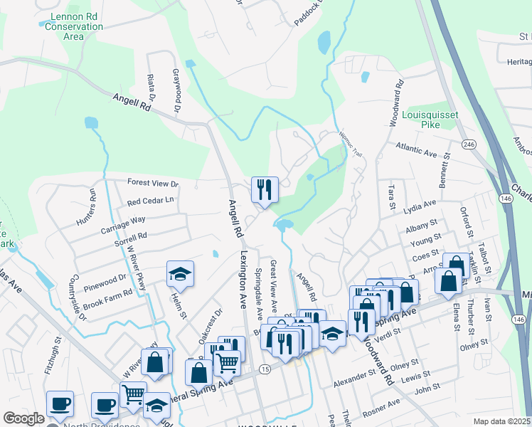 map of restaurants, bars, coffee shops, grocery stores, and more near 2D Overlook Circle in North Providence