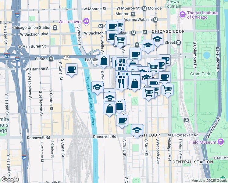 map of restaurants, bars, coffee shops, grocery stores, and more near 124 West Polk Street in Chicago