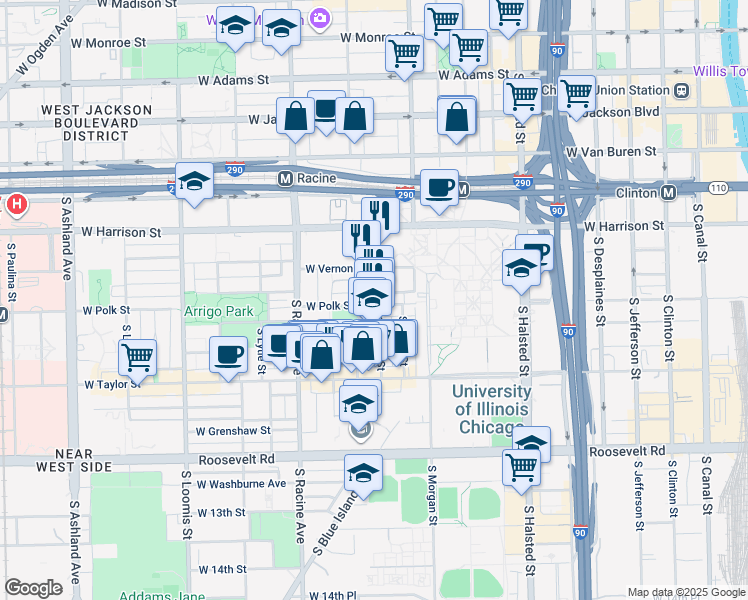 map of restaurants, bars, coffee shops, grocery stores, and more near 717 South Aberdeen Street in Chicago