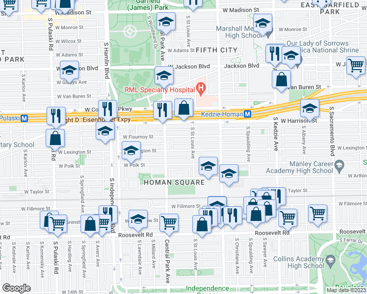 map of restaurants, bars, coffee shops, grocery stores, and more near 3519 West Flournoy Street in Chicago