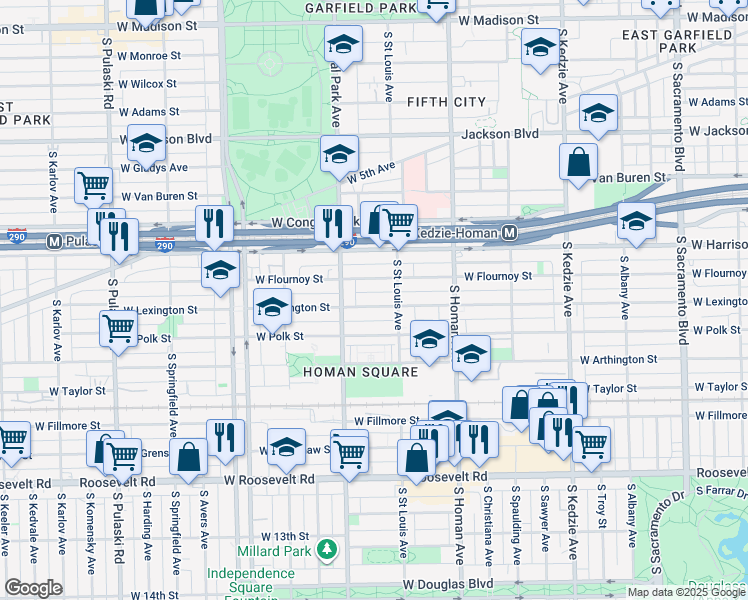 map of restaurants, bars, coffee shops, grocery stores, and more near 3519 West Flournoy Street in Chicago