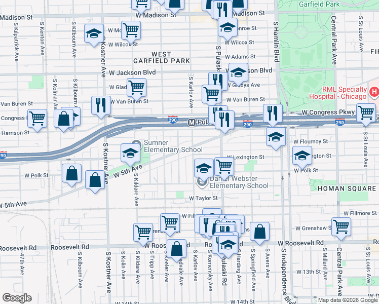 map of restaurants, bars, coffee shops, grocery stores, and more near 4056 West 5th Avenue in Chicago