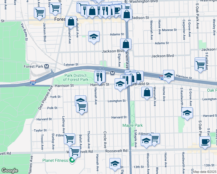 map of restaurants, bars, coffee shops, grocery stores, and more near 7300 Harrison Street in Forest Park