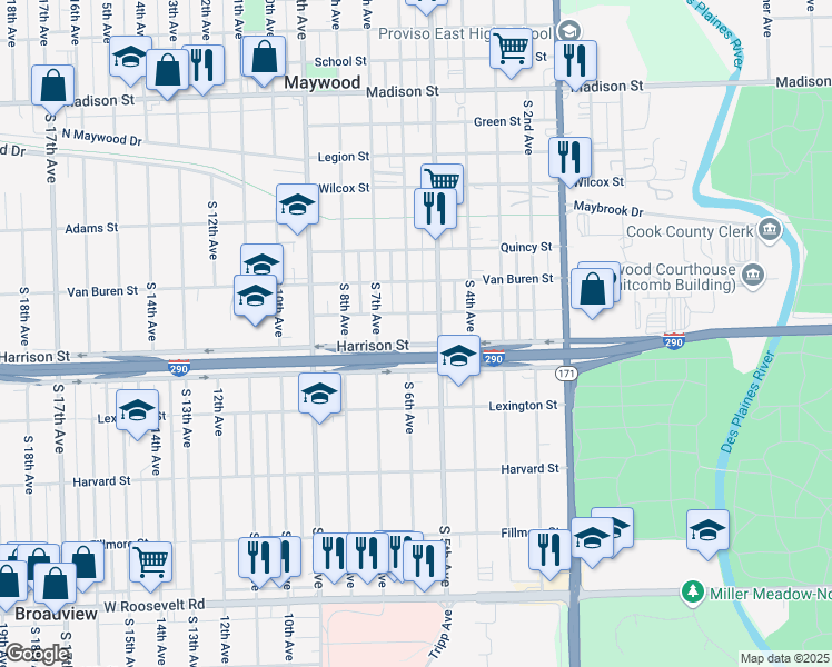 map of restaurants, bars, coffee shops, grocery stores, and more near 1700 South 6th Avenue in Maywood