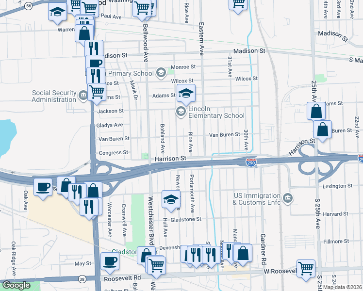 map of restaurants, bars, coffee shops, grocery stores, and more near 1100 Rice Avenue in Bellwood