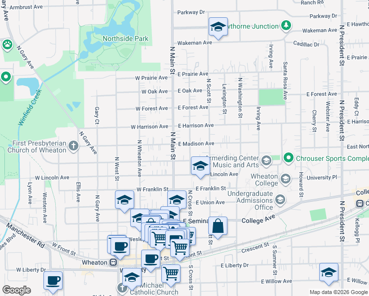 map of restaurants, bars, coffee shops, grocery stores, and more near 808 North Cross Street in Wheaton