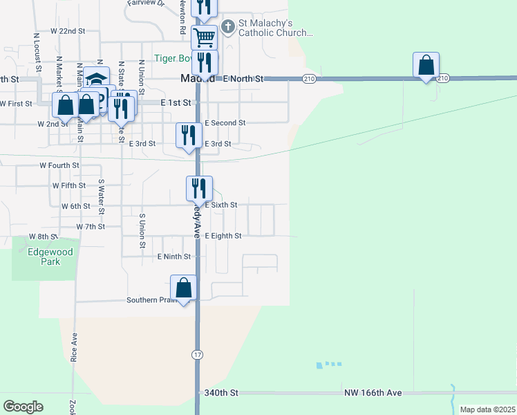 map of restaurants, bars, coffee shops, grocery stores, and more near 717 East 6th Street in Madrid