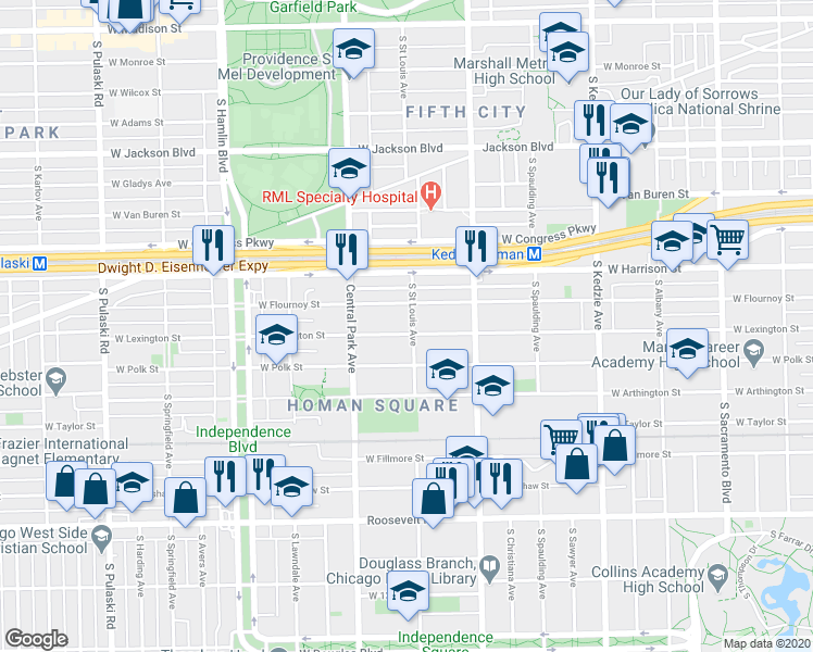 map of restaurants, bars, coffee shops, grocery stores, and more near 3500 West Lexington Street in Chicago