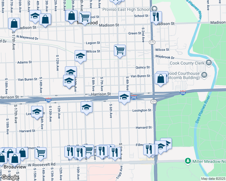 map of restaurants, bars, coffee shops, grocery stores, and more near 1700 South 6th Avenue in Maywood
