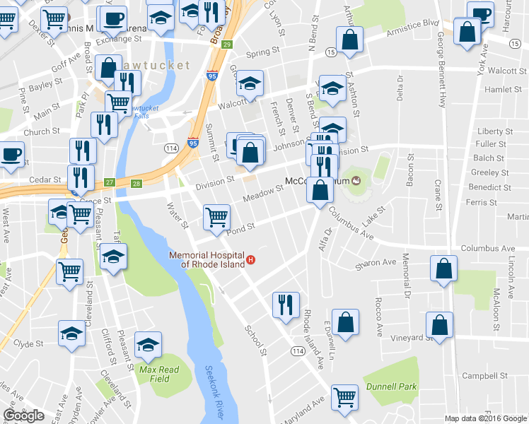 map of restaurants, bars, coffee shops, grocery stores, and more near 67 Brewster Street in Pawtucket