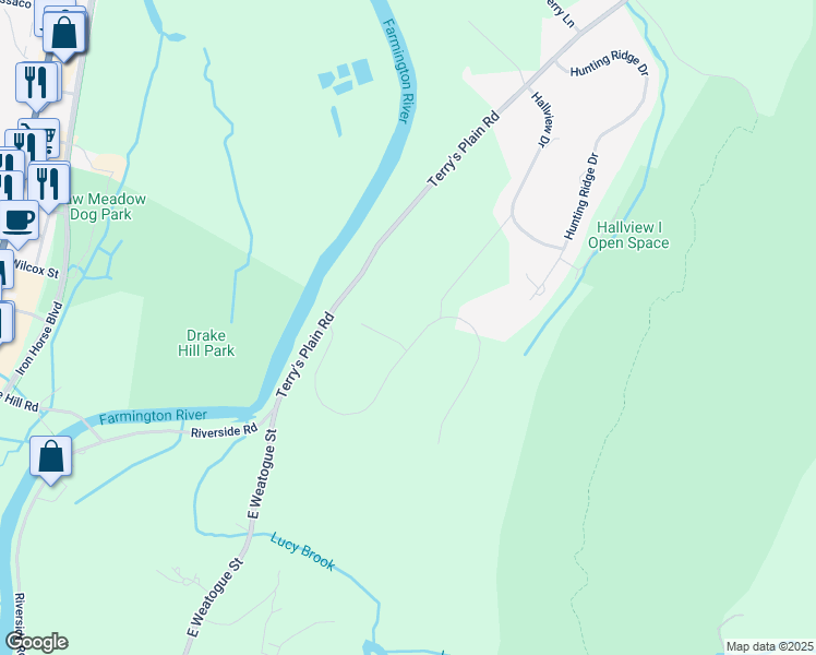 map of restaurants, bars, coffee shops, grocery stores, and more near 16 Pinnacle Mountain Road in Simsbury