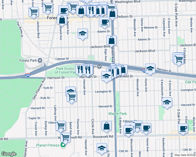 map of restaurants, bars, coffee shops, grocery stores, and more near 7300 Harrison Street in Forest Park