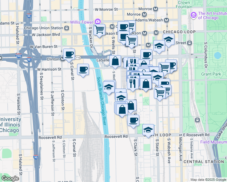 map of restaurants, bars, coffee shops, grocery stores, and more near 732 South Financial Place in Chicago