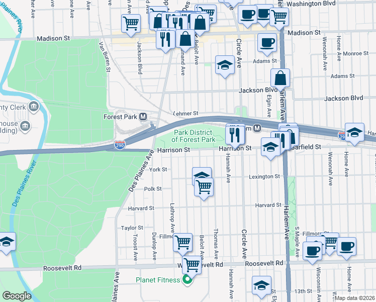 map of restaurants, bars, coffee shops, grocery stores, and more near 7522 Harrison Street in Forest Park
