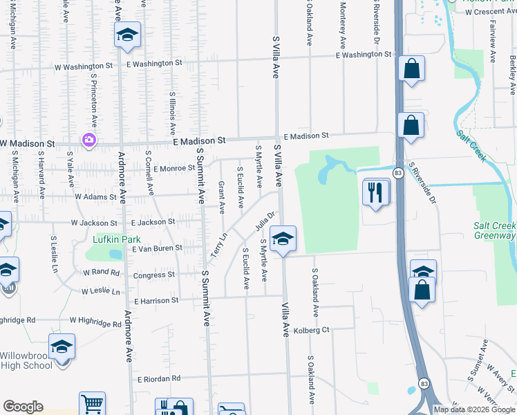 map of restaurants, bars, coffee shops, grocery stores, and more near 286 Terry Lane in Villa Park