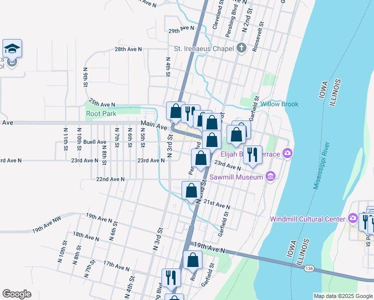 map of restaurants, bars, coffee shops, grocery stores, and more near Buell Ave in Clinton