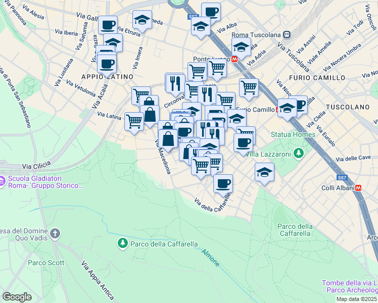 map of restaurants, bars, coffee shops, grocery stores, and more near 95-107 Via Tommaso da Celano in Rome