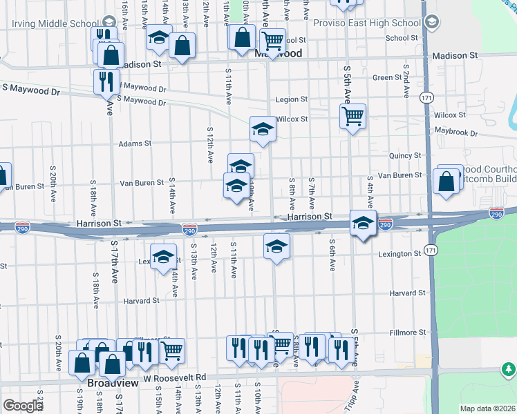 map of restaurants, bars, coffee shops, grocery stores, and more near 1623 South 10th Avenue in Maywood