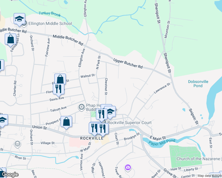 map of restaurants, bars, coffee shops, grocery stores, and more near 29 Chestnut Street in Ellington