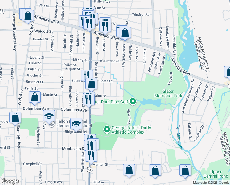 map of restaurants, bars, coffee shops, grocery stores, and more near 222 Rowe Avenue in Pawtucket