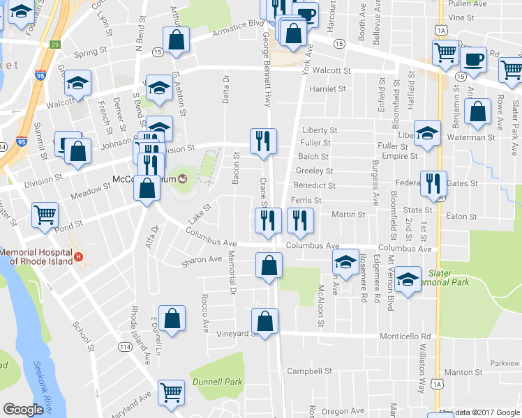 map of restaurants, bars, coffee shops, grocery stores, and more near 30 India Street in Pawtucket