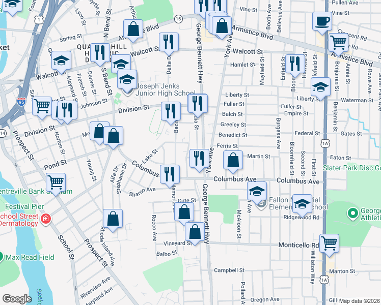 map of restaurants, bars, coffee shops, grocery stores, and more near 30 India Street in Pawtucket